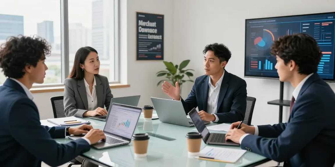 Team collaboration discussing merchant cash advance strategies in a professional office.