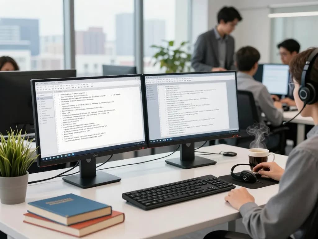 专业翻译员在现代办公室中利用先进技术进行有道翻译服务的现场。