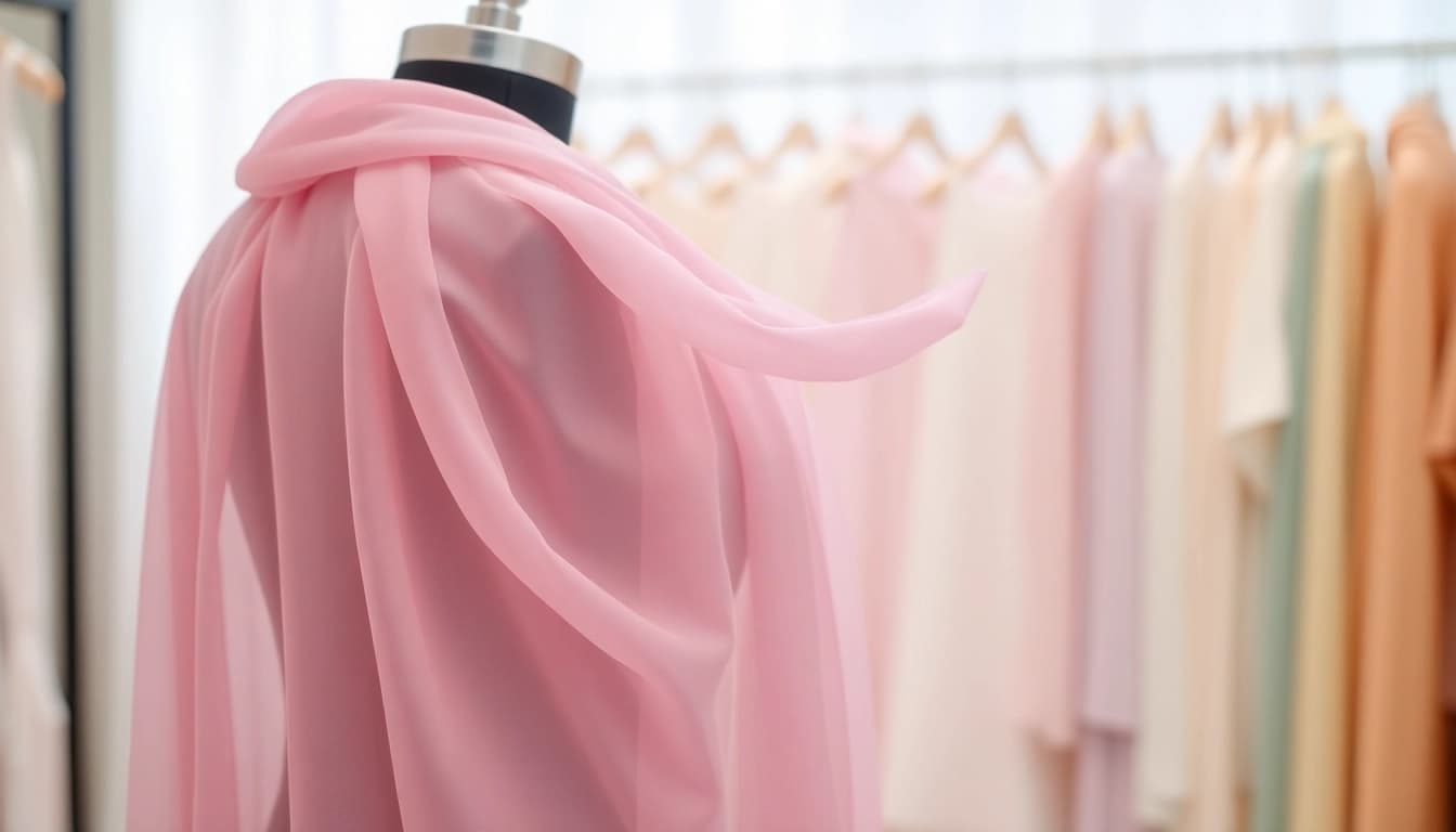 Chiffon stof elegant gedrapeerd over een mannequin met zachte textuur.