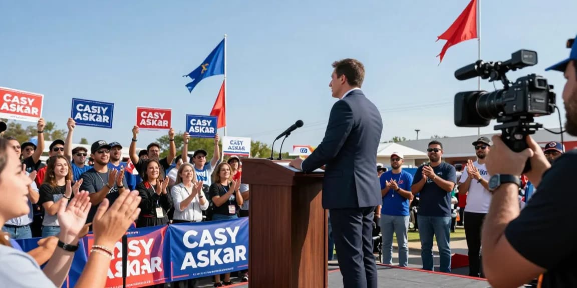 Casey Askar speaking at a political rally with enthusiastic supporters.