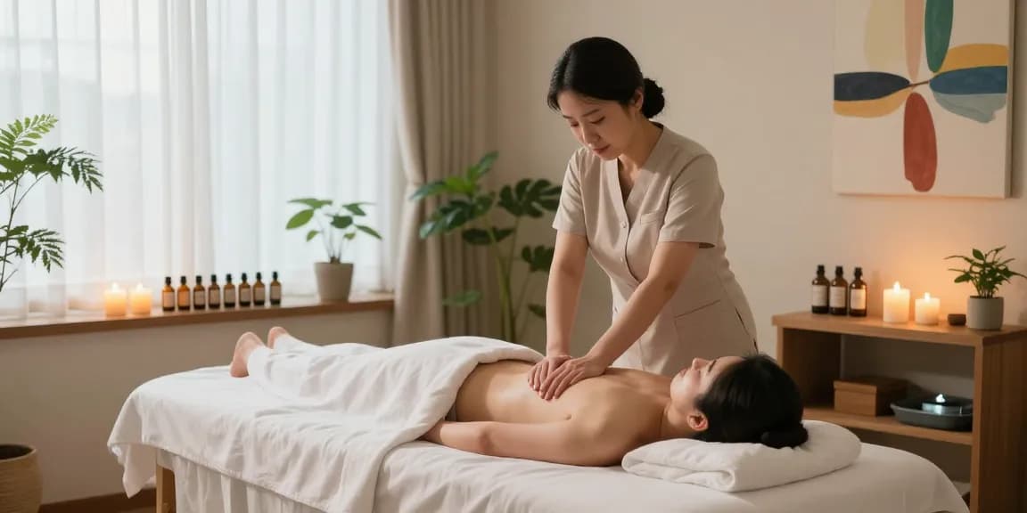 Relaxing 의왕출장마사지 scene in tranquil therapy room with candles and plants