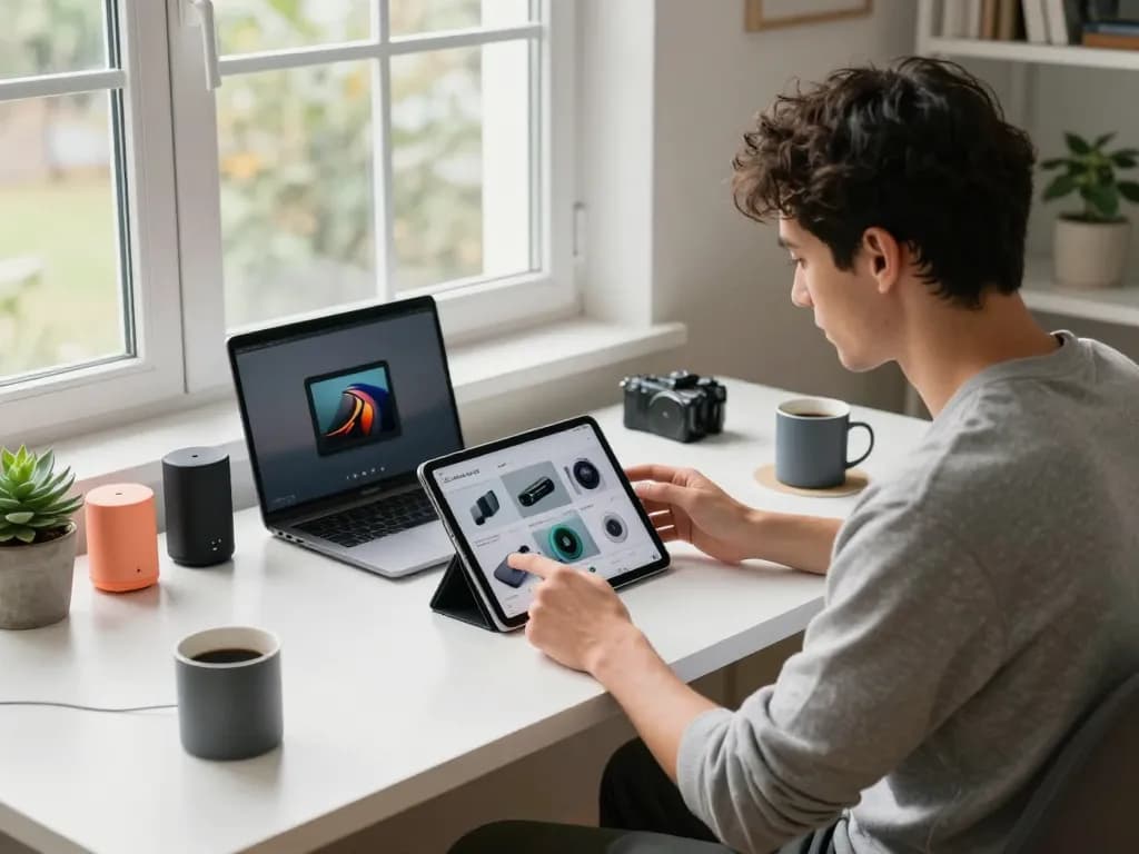 Exploring affordable tech gadgets at a modern home office with tablet, laptop, and colorful accessories.