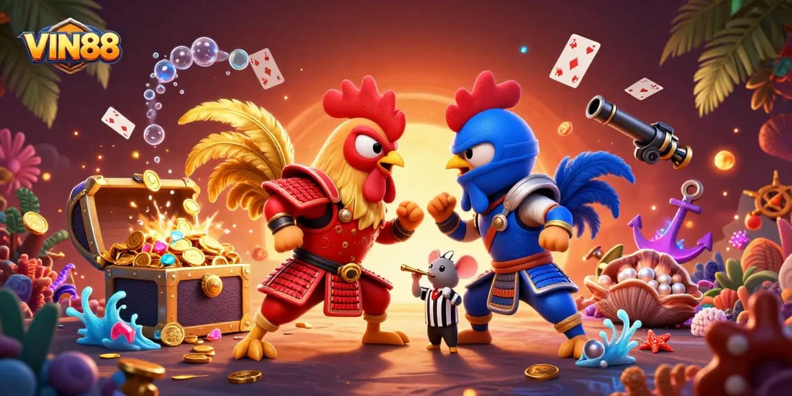 Engage in thrilling bets at VIN88 while witnessing a dramatic rooster showdown in a vibrant casino scene.