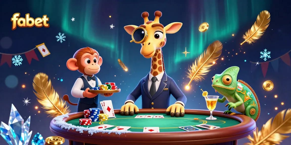 Engage in playful high-stakes poker action at fabet featuring a giraffe, monkey, and chameleon in vibrant 3D.
