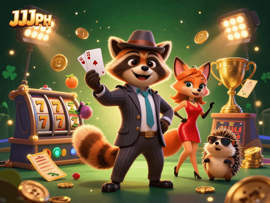 Engage with JJJPH casino games featuring a suave raccoon, a fox lady, and dynamic slot elements.