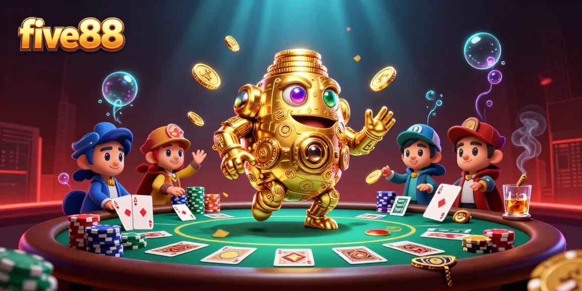 Experience the thrill of five88 with a dynamic casino scene featuring a golden golem and poker elements.