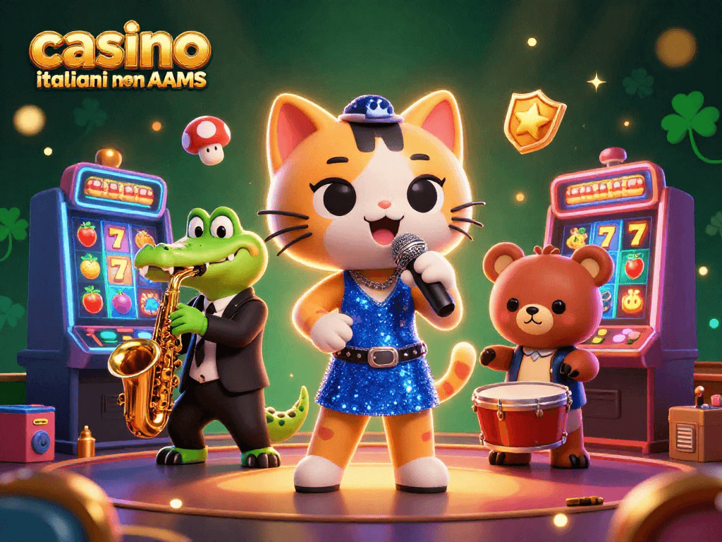 Immagine creativa dei casino italiani non AAMS con un gatto jazz cantando e suonatori di strumenti musicali.