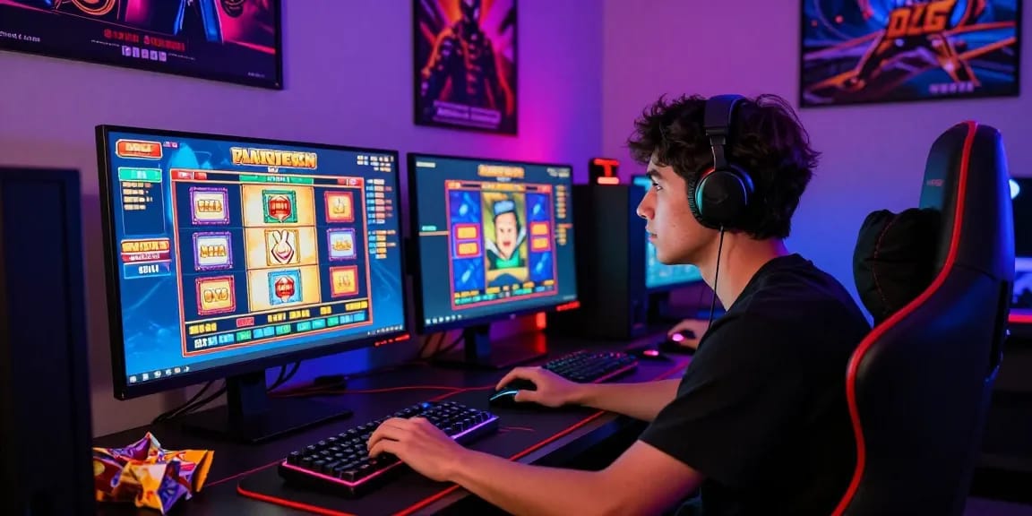 Gamer enjoying online slots without deposit fees, showcasing deposit tanpa minimal in vibrant gaming setup.