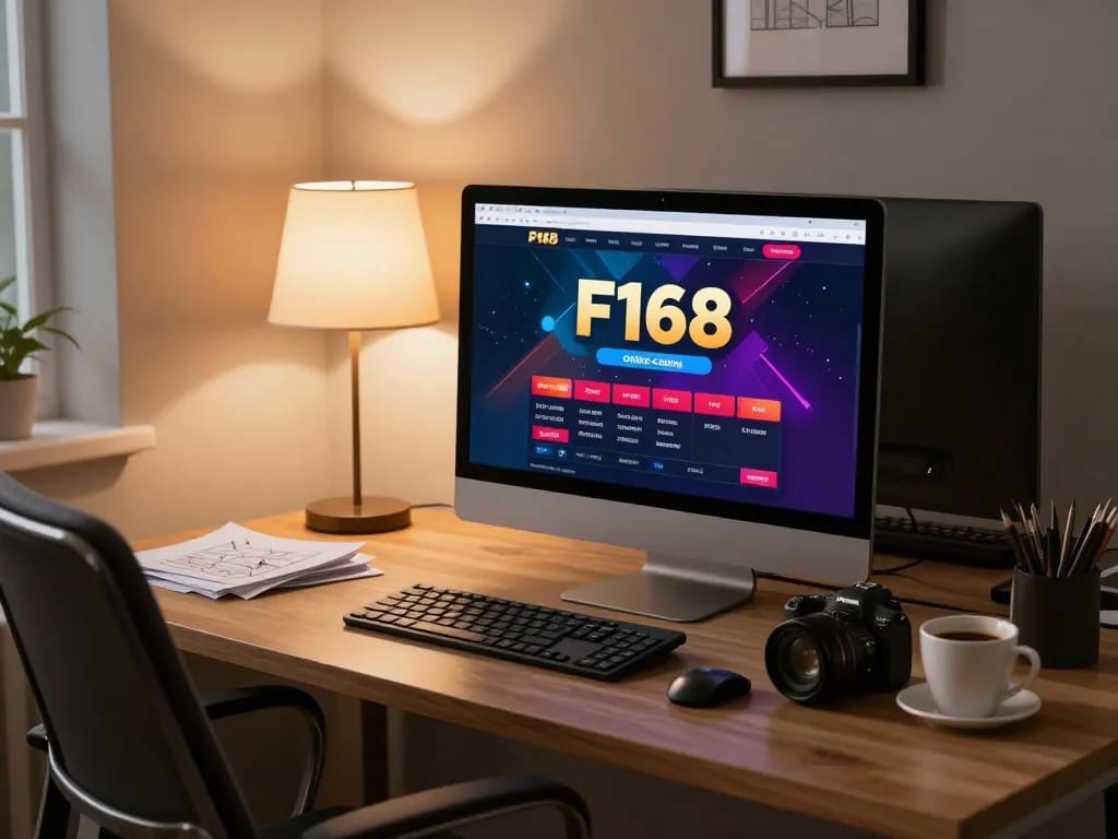 Player engaging with F168 casino interface on a sleek desktop in a cozy home office environment.