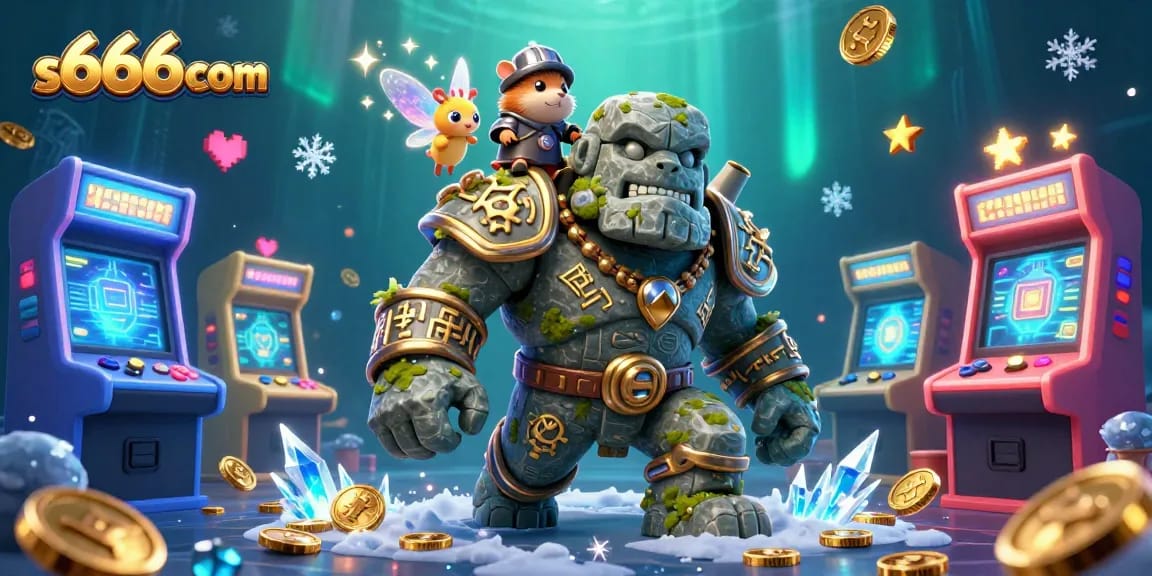 Experience gaming magic with s666com's ancient golem guardian and vibrant casino elements.