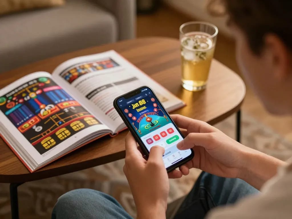 Engaging with the jun 88 mobile casino app, a user plays online games in a cozy, well-lit environment.