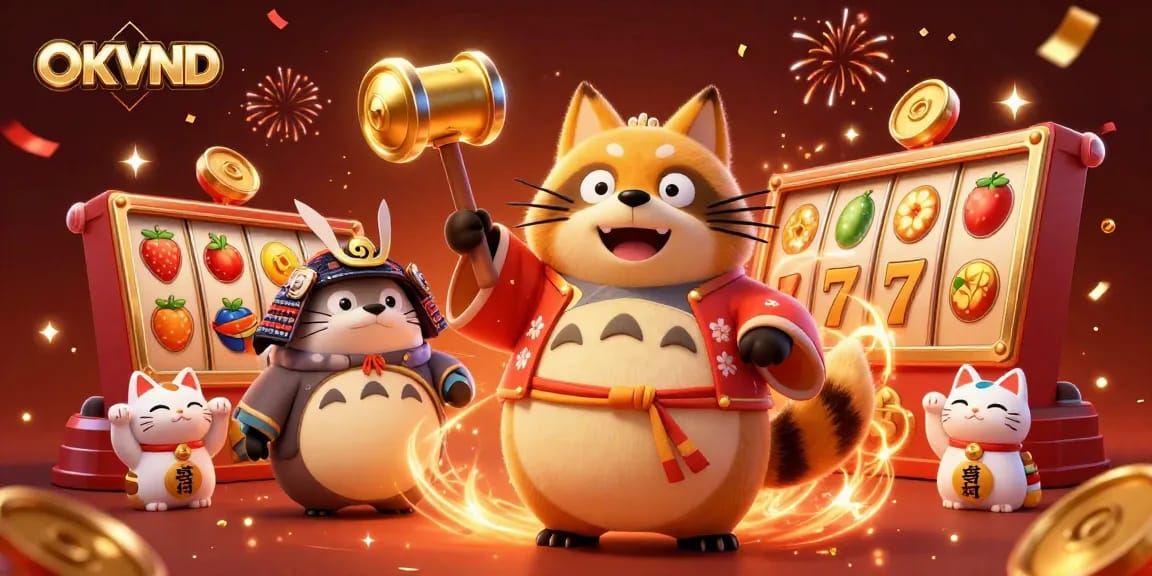 Spin the lucky OKVND slots with vibrant fruits, cheerful characters, and festive fireworks.