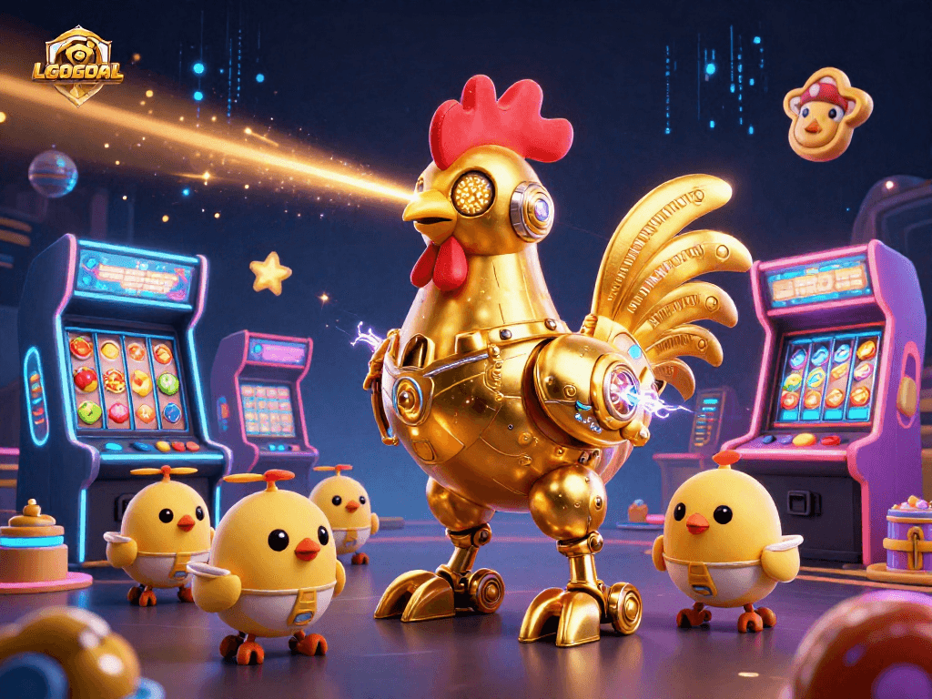 Engage in thrilling gameplay at LGOGOAL with innovative arcade machines, golden rooster robot, and vibrant gaming action.