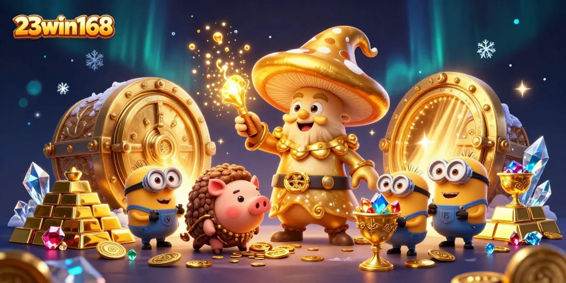 Generate winning strategies with 23win168 in a vibrant casino-themed illustration featuring gold treasure and game elements.