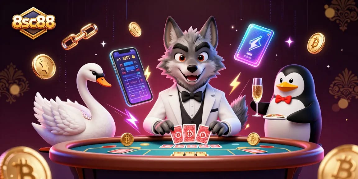 Experience high-stakes gaming at 8sc88 with a lively 3D illustration of a gambling scene featuring characters and crypto elements.