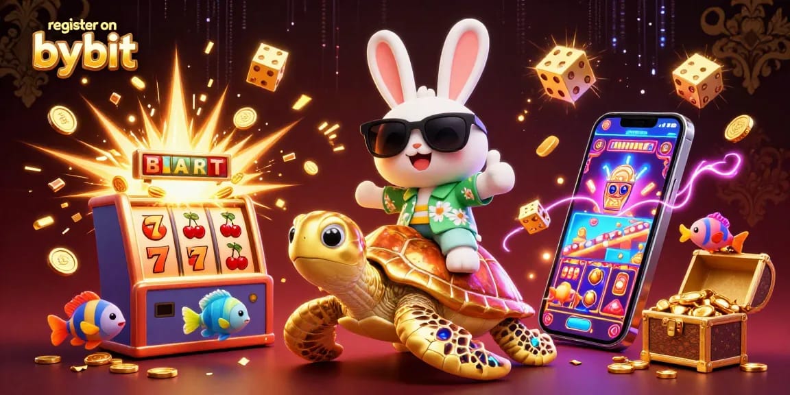Play and register on bybit using this vibrant illustration featuring a lucky rabbit and golden sea turtle.