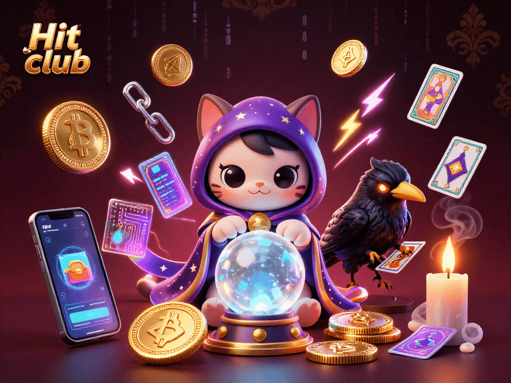 Experience the thrill of the Hit club with a mystic cat and raven in a vibrant casino atmosphere.