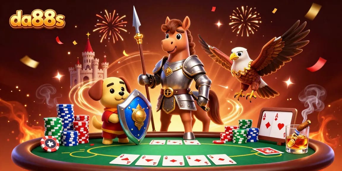 Join the action with da88s poker characters, a knight horse and playful puppy, amidst vibrant gaming elements.
