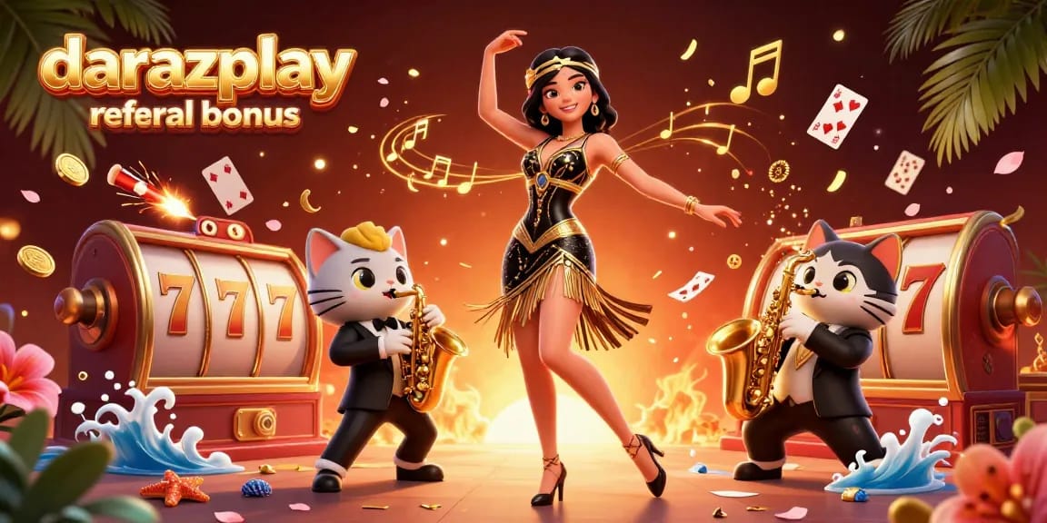 Engage with the darazplay referral bonus, featuring vibrant 3D casino elements including slot reels and playful characters.