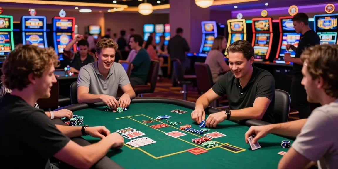 Exciting casino atmosphere with players engaged in slot poker, vibrant colors, dynamic crowd, and lively setting to enhance gaming experience.