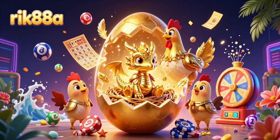Play exciting games like rik88a at this vibrant casino scene featuring a golden dragon and dynamic lottery elements.