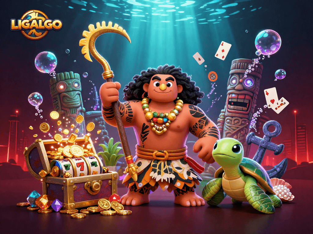 LIGALGO showcases a dynamic 3D scene with animated casino elements and vibrant details for engaging gameplay.