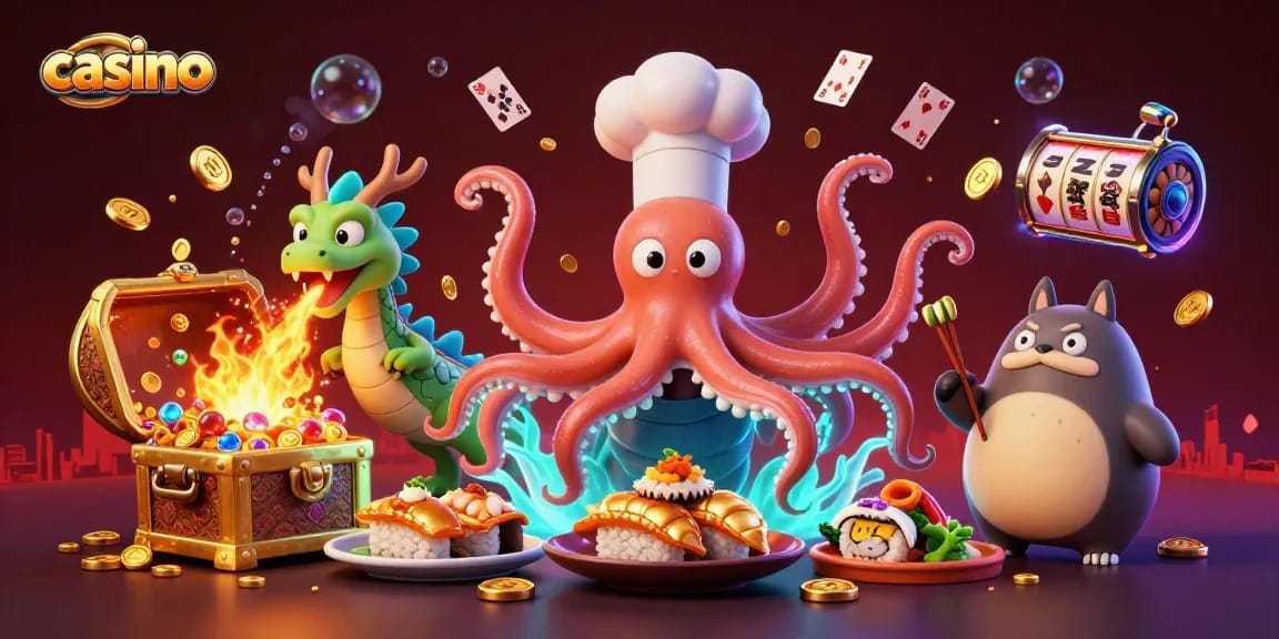 Experience the thrill of a lively casino scene under the sea with dynamic characters and treasure.