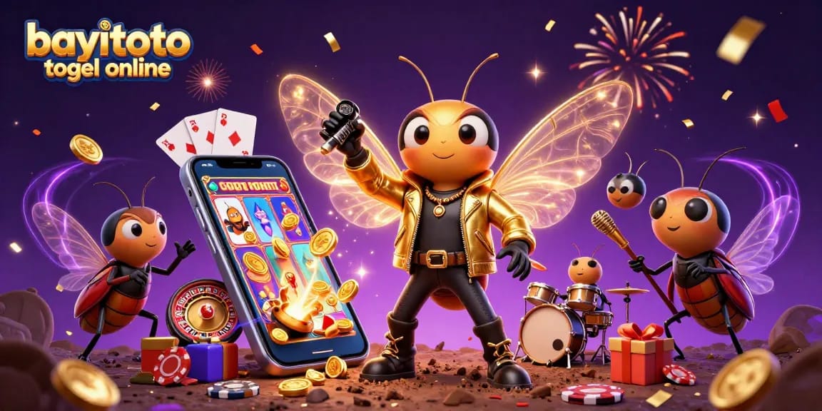 Engage with bayitoto togel online through a vibrant 3D casino celebration scene featuring lively characters.