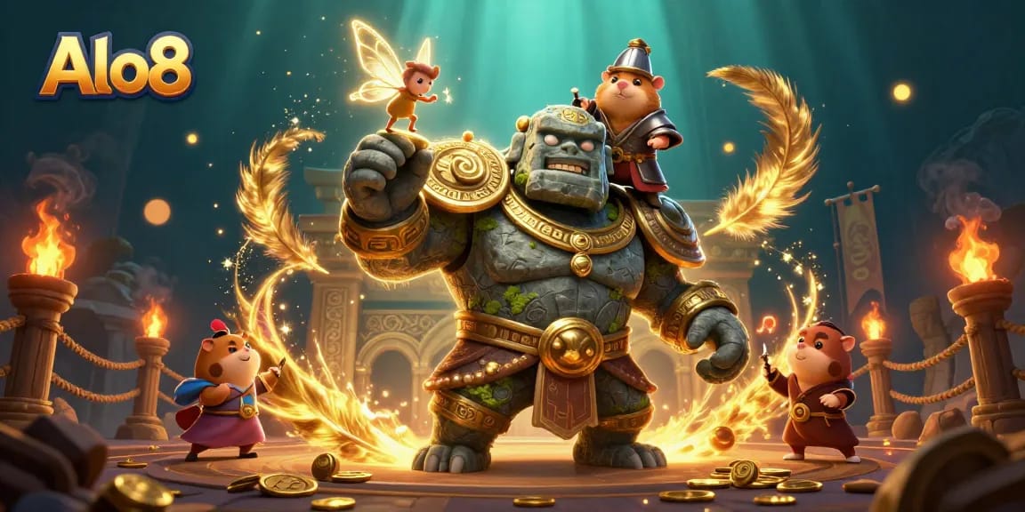 Alo8 captivates with a vibrant scene of a golem guardian, fairy, and hamster knight amidst swirling golden particles and casino elements.