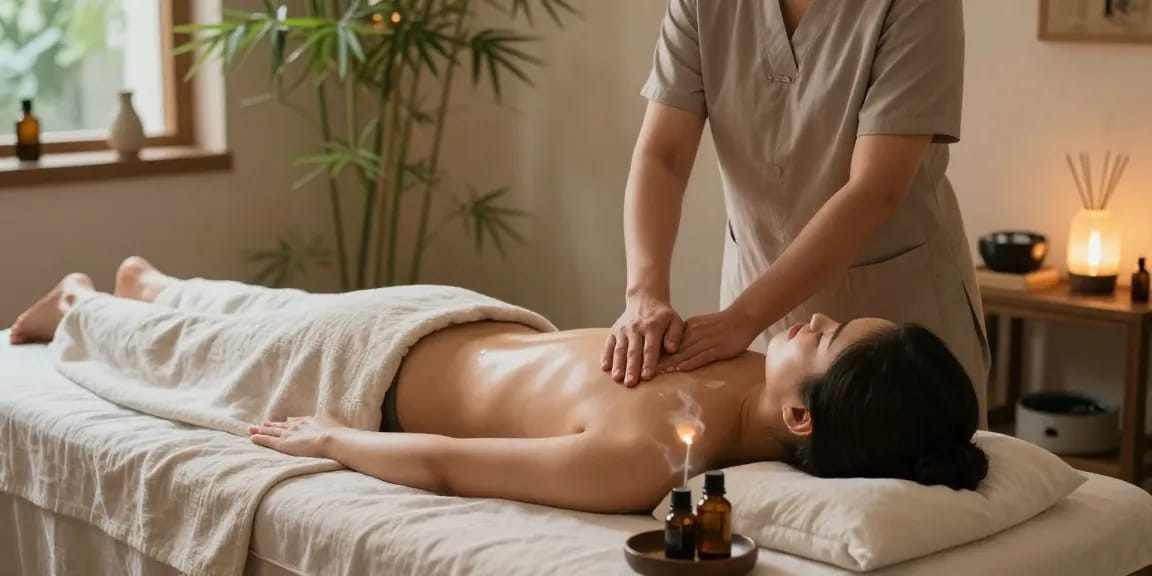 Therapist providing a relaxing 김포출장안마 massage in a cozy wellness center.
