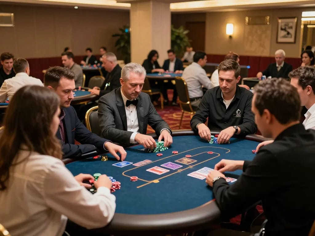 Experience responsible gambling with giới thiệu 8kbet showcasing vibrant casino gameplay, players engaged at poker tables.
