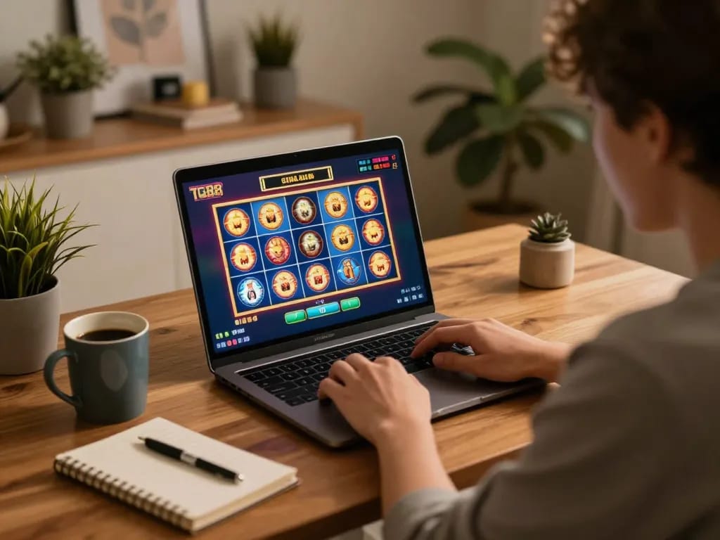 Engaging in online slots at TG88 with winning total displayed on laptop screen.