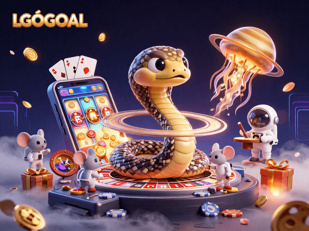 Engaging LGOGOAL gameplay scene with colorful slot games, astronaut mice betting, and cosmic dealer vibes.