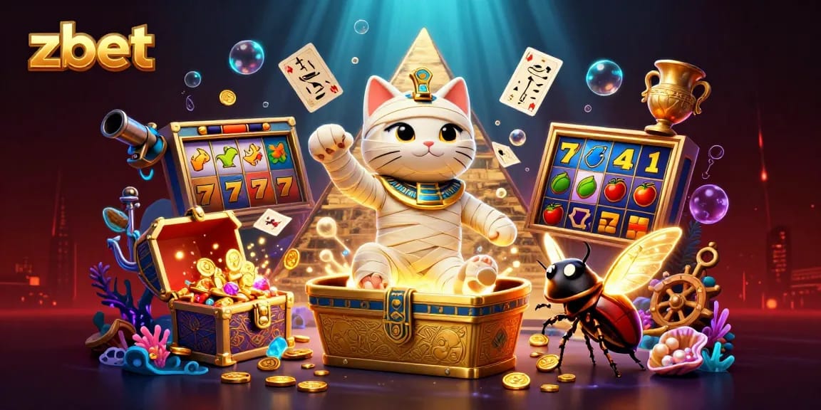 Experience thrilling casino action with zbet as an animated Egyptian mummy cat and scarab beetle bring excitement to the game.
