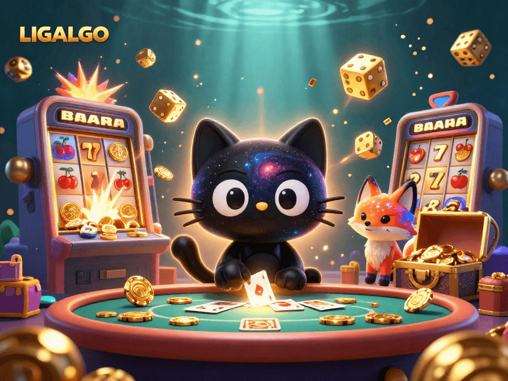 LIGALGO showcases a cosmic casino scene with a black hole cat and a colorful gas nebula fox, embodying premium slot gaming excitement.