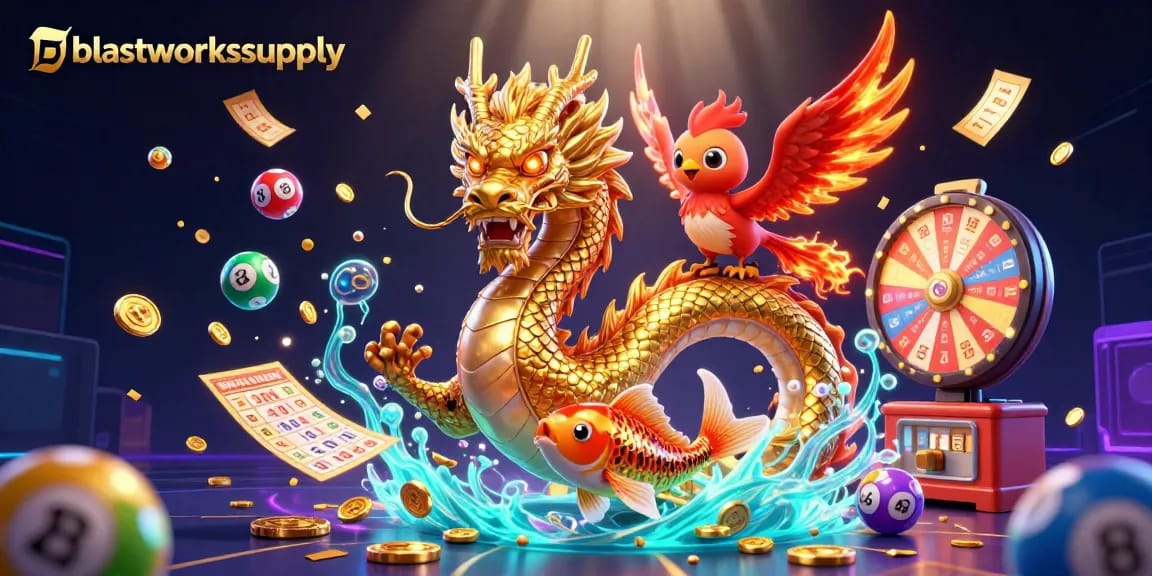 Blastworkssupply showcases a vibrant scene with a golden dragon, phoenix, and koi fish amidst dynamic gambling elements.
