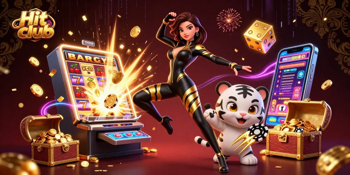 Hit club showcases a dynamic 3D illustration of casino elements with vibrant characters teaming up for excitement.