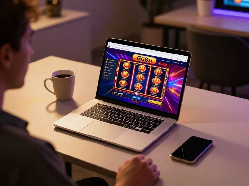 Player engaging with GG88 online casino on a laptop, showcasing vibrant gaming interface.