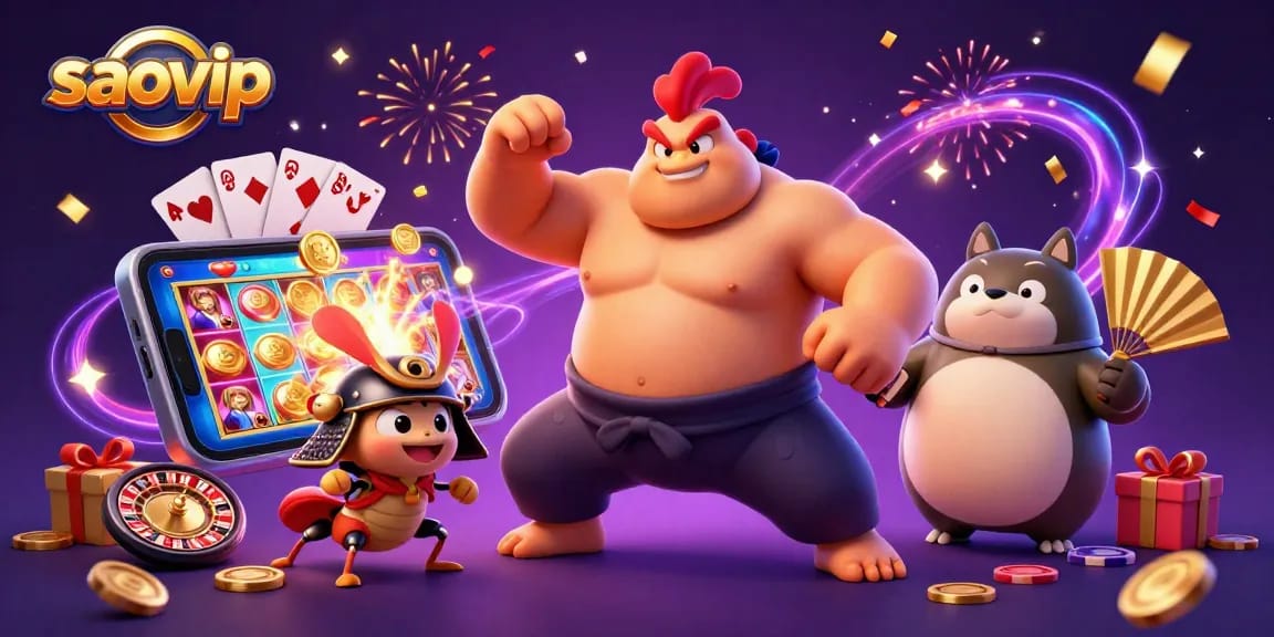 Experience action at saovip with a powerful sumo rooster and samurai cricket in a vibrant casino scene.