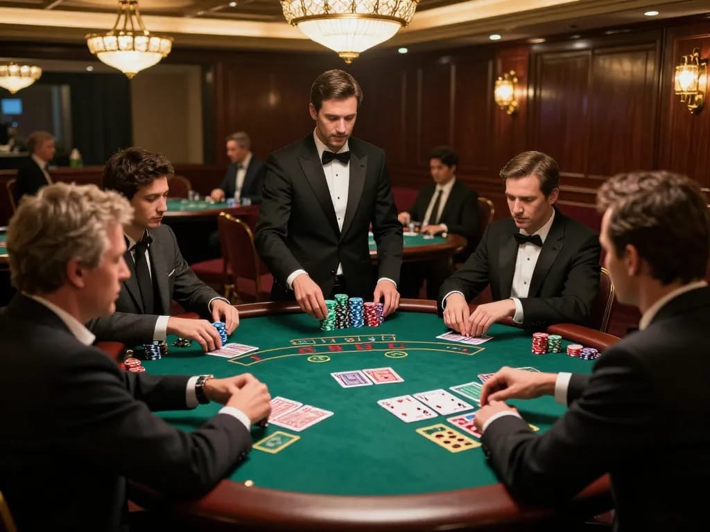 Players at highpointawards blackjack table strategizing their bets in a luxurious casino.