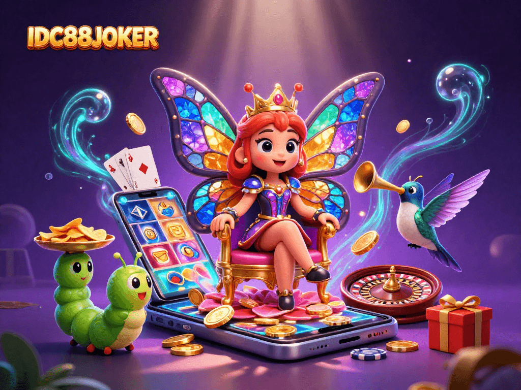 IDC88JOKER harnesses vibrant gaming with a butterfly queen and animated casino elements for player enjoyment.