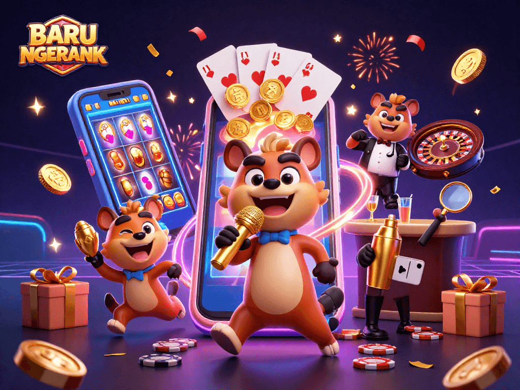 Experience the thrill of BARU NGERANK as hyenas entertain in a lively casino scene filled with vibrant slot games.