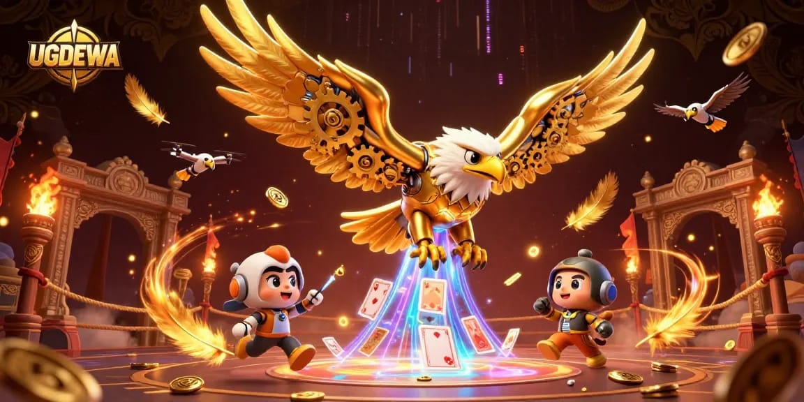 Experience thrilling wins at UGDEWA with a cybernetic eagle soaring above vibrant gaming elements.