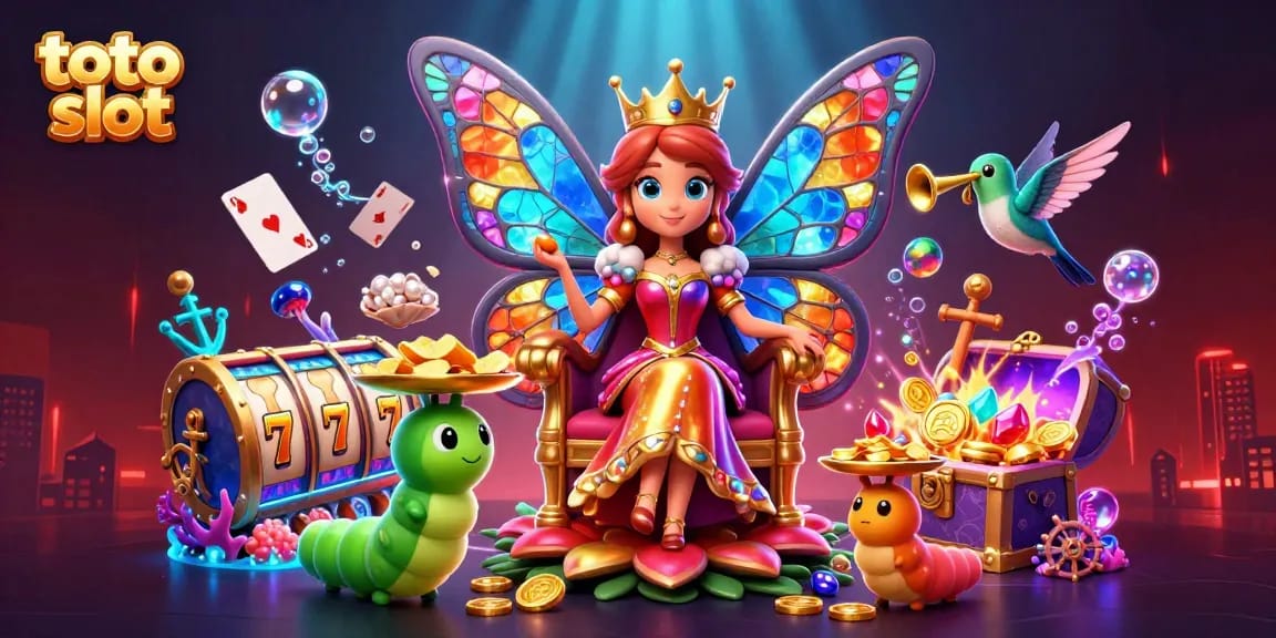 Engage in toto slot excitement with vibrant characters around colorful slot reels and dynamic casino elements.