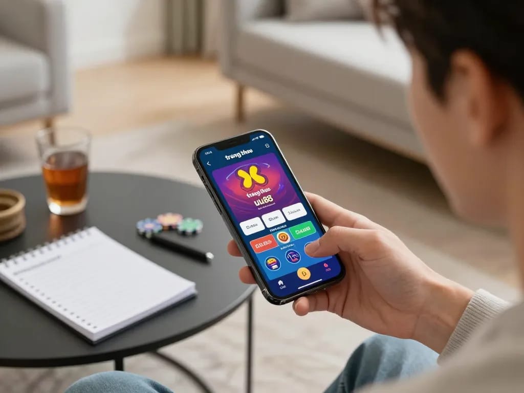 Engaging on the trang chủ uu88 mobile app, a player strategizes their online casino experience in a cozy home