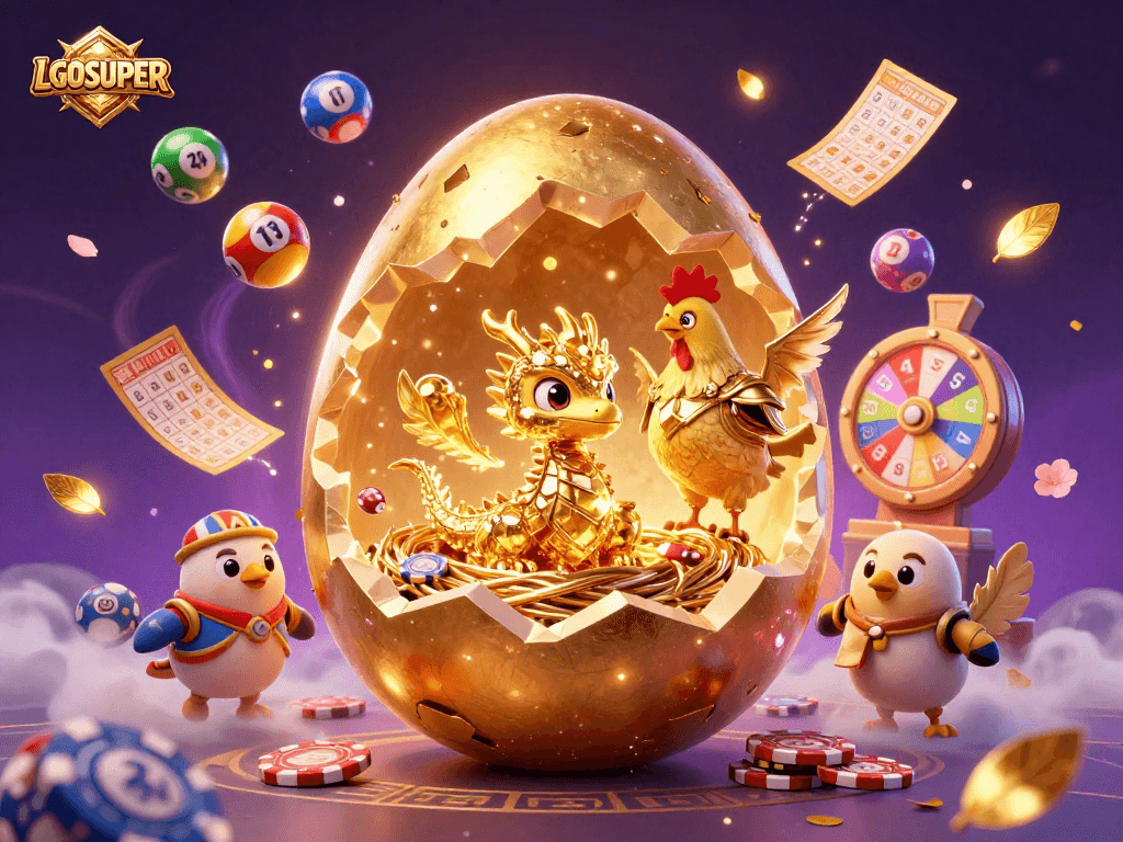 Engage with LGOSUPER's thrilling slots and rewards as golden dragons emerge amidst vibrant gaming elements.