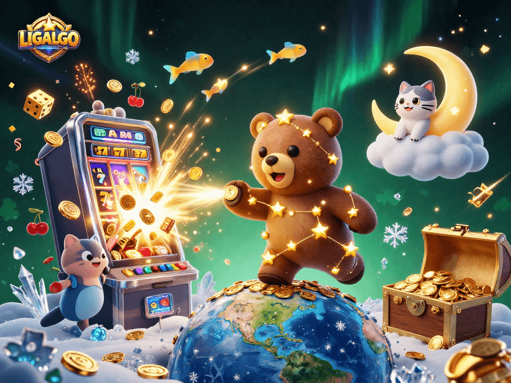 Win big with LIGALGO's exciting jackpot scene featuring a constellation bear and slot machine.