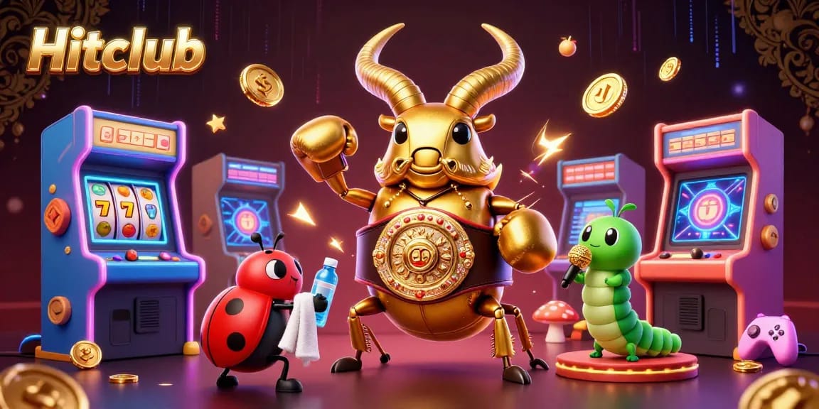 Hitclub showcases vibrant action with a giant golden stag beetle boxing amidst casino-themed elements