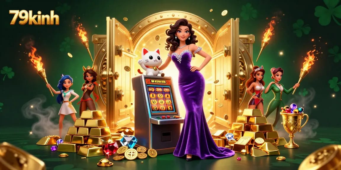 Experience excitement at 79kinh with a stunning jackpot slot scene, gold treasures, and animated fortune cat.