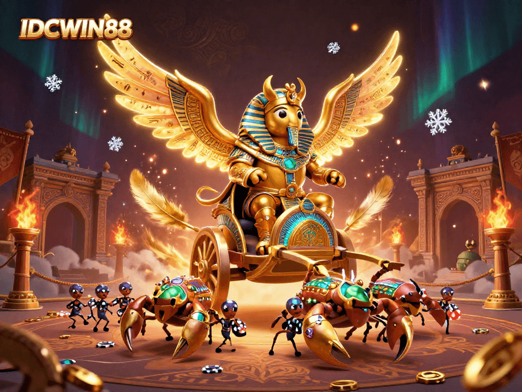 Experience thrilling gameplay at IDCWIN88 with a vibrant casino scene featuring a golden scarab and dynamic elements.